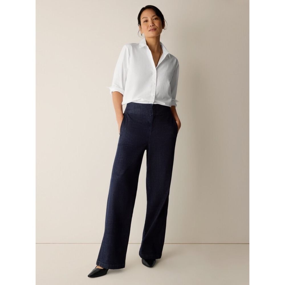 Eileen Fisher Women Cotton Stretch Wide Leg Jeans Deep Indigo Denim Minimalist